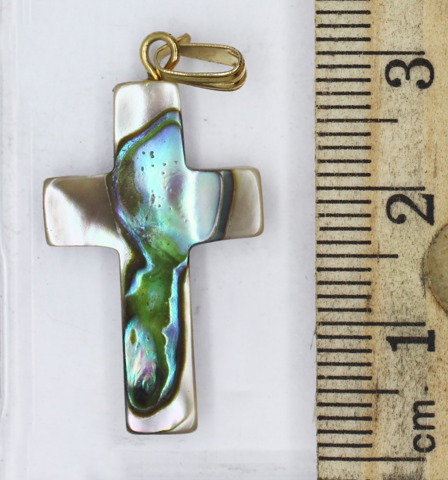 Cross Charm Abalone Shell Square Cut with hanging Bail 1 inch