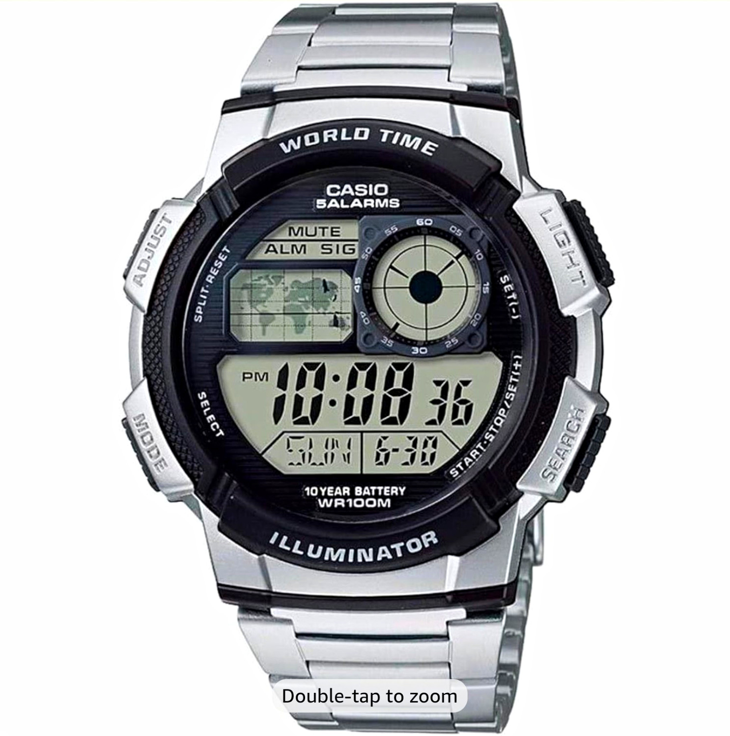 Casio Illuminator Digital World Time Alarm Backlight 100m WR Silver Bracelet