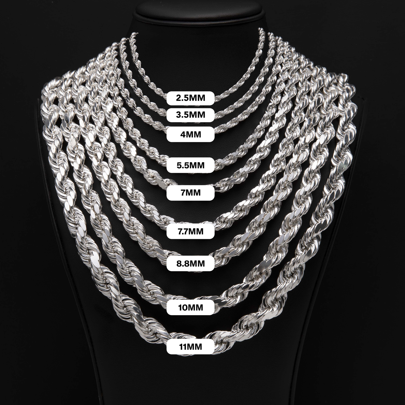 Diamond-Cut Rope Chain Necklace Real 925 Sterling Silver All Sizes