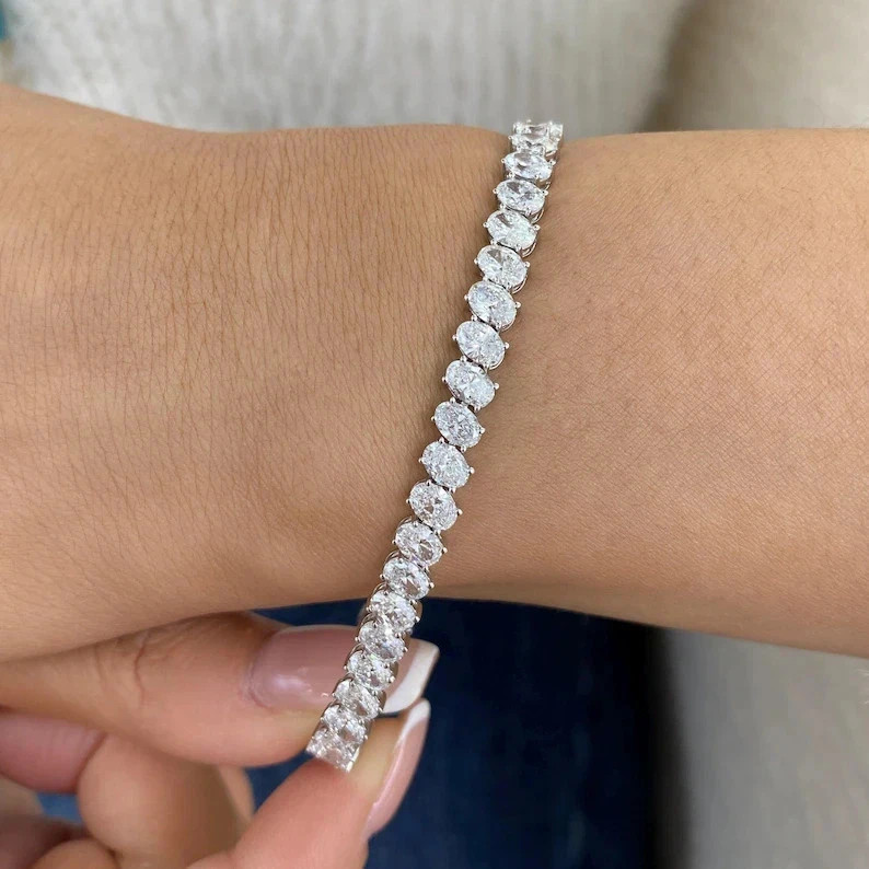 7 CT Oval F/VS1 Lab Grown Diamond Engagement Gift Tennis Bracelet 14K White Gold