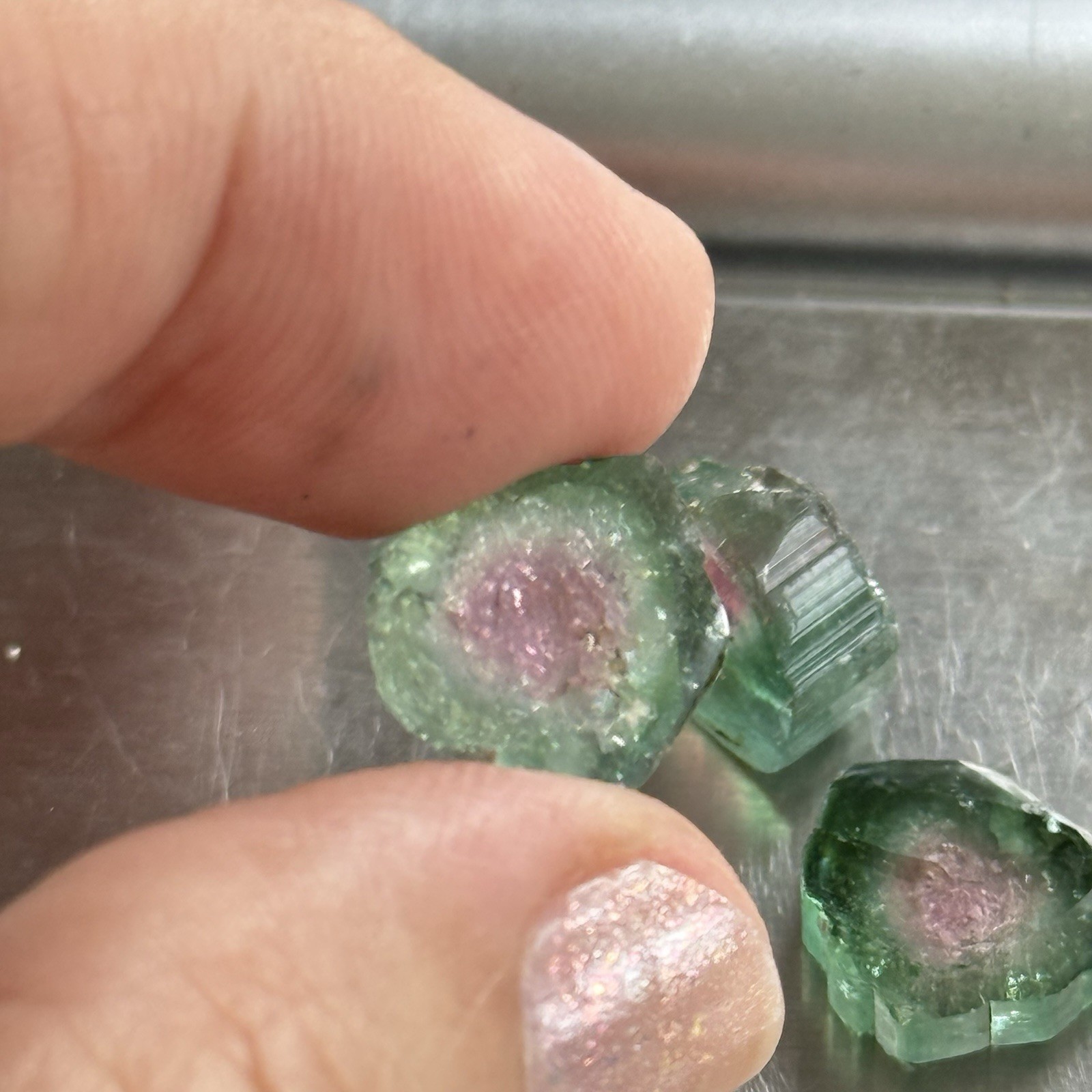 14ct 11-12×2.8-4.7mm 3pc Lot Pink Green Watermelon Tourmaline Slices Cabochons