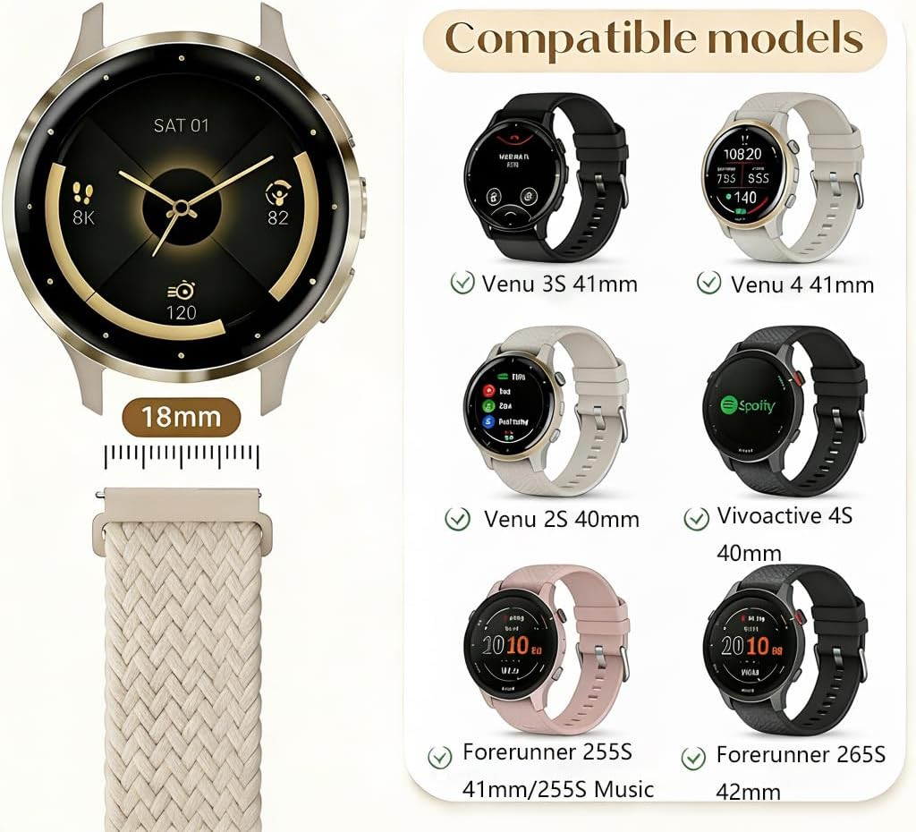 18mm Braided Bands for Garmin Venu 3S 2S/Venu 4 41mm/Vivoactive 4S/Vivomove 3S/F