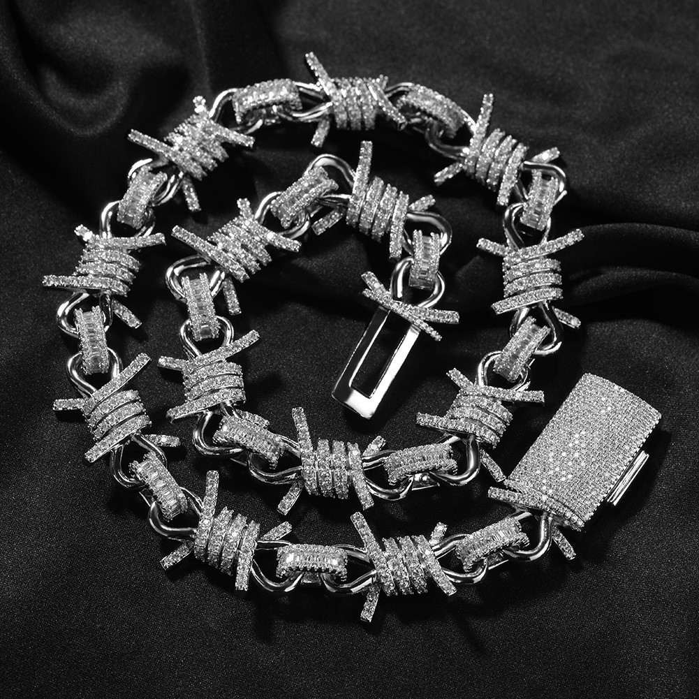 Sparkling Barbed Wire Chain Silver Gold Hip Hop CZ Bling Barbwire Necklace