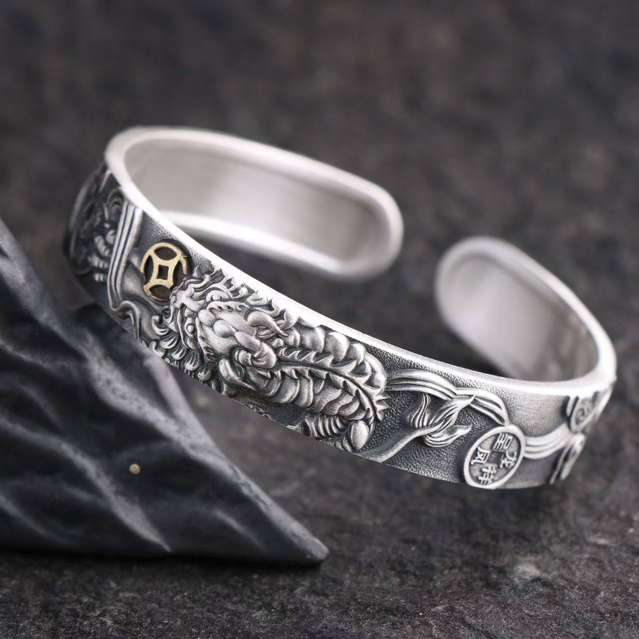 Pure Solid S999 Fine Silver Bracelet Men Women Dragon Pixiu Open Bangle 46-47g