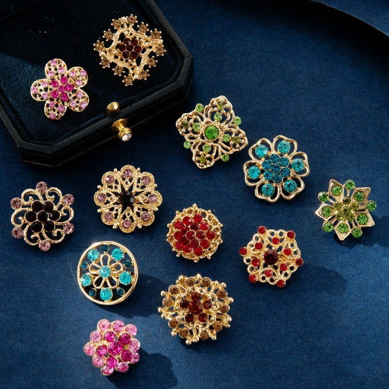 24PCS Vintage Brooch Lot Mixed Alloy Rhinestone Crystal Pins Wedding Bouquet DIY
