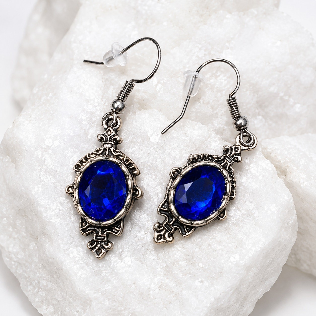 Vintage Cobalt Blue Crystal Dangle Earrings Silver Tone 1″ Victorian Style