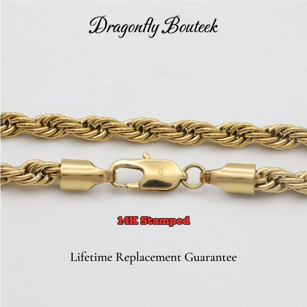 Large Gold Nugget Necklace, 5mm French Rope Chain, 14k Heavy Plated Gold