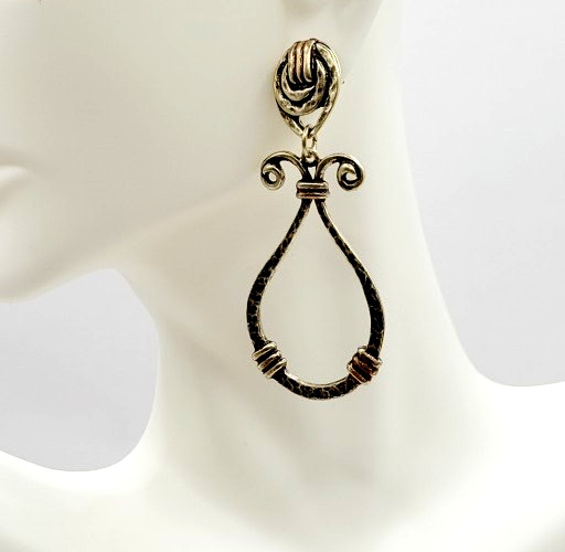 Modern Geometric Loop Hammered Look Ornate Stud Mix Metal Tone Pierced Earrings