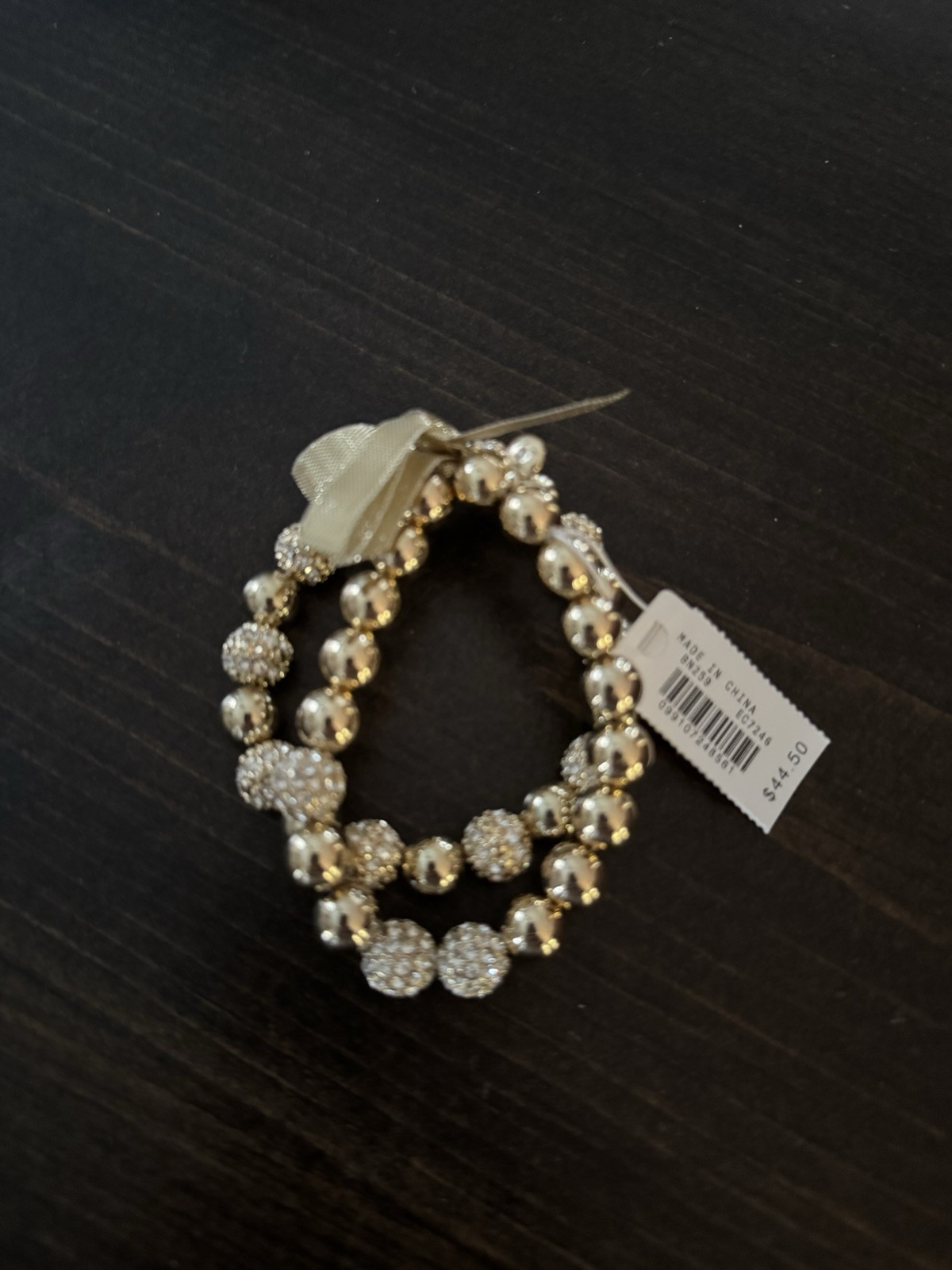 NWT Set of 2 J. Crew Pave Crystal Large Bead Stretch Bracelets – Gold $44.50