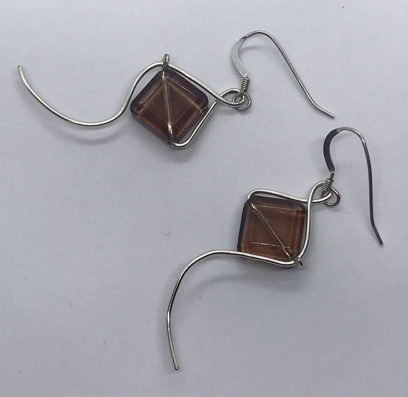 Sterling Silver 925 Rhombus Brown Glass & Wire Art earrings Kite Like