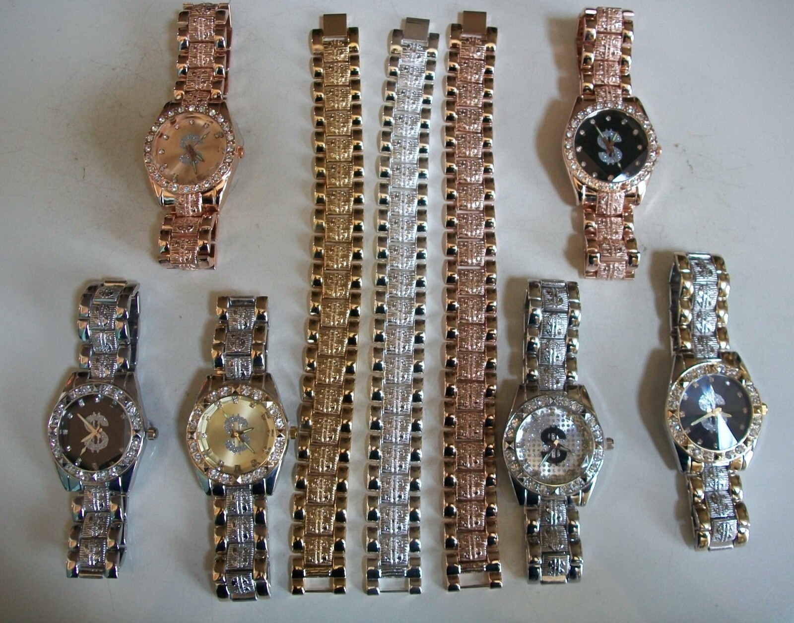 Men’s silver, gold, rose gold finish $ sign casual hip hop watch or bracelet