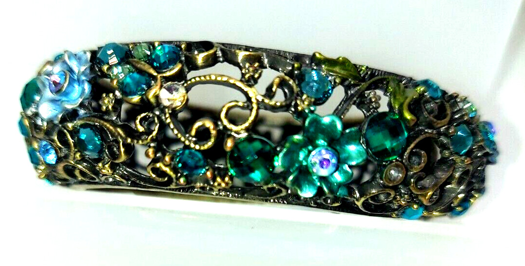 Jewelry Brass Clasp Bracelet w/Blue and Green Gems Floral Pattern 2.25 in As Is