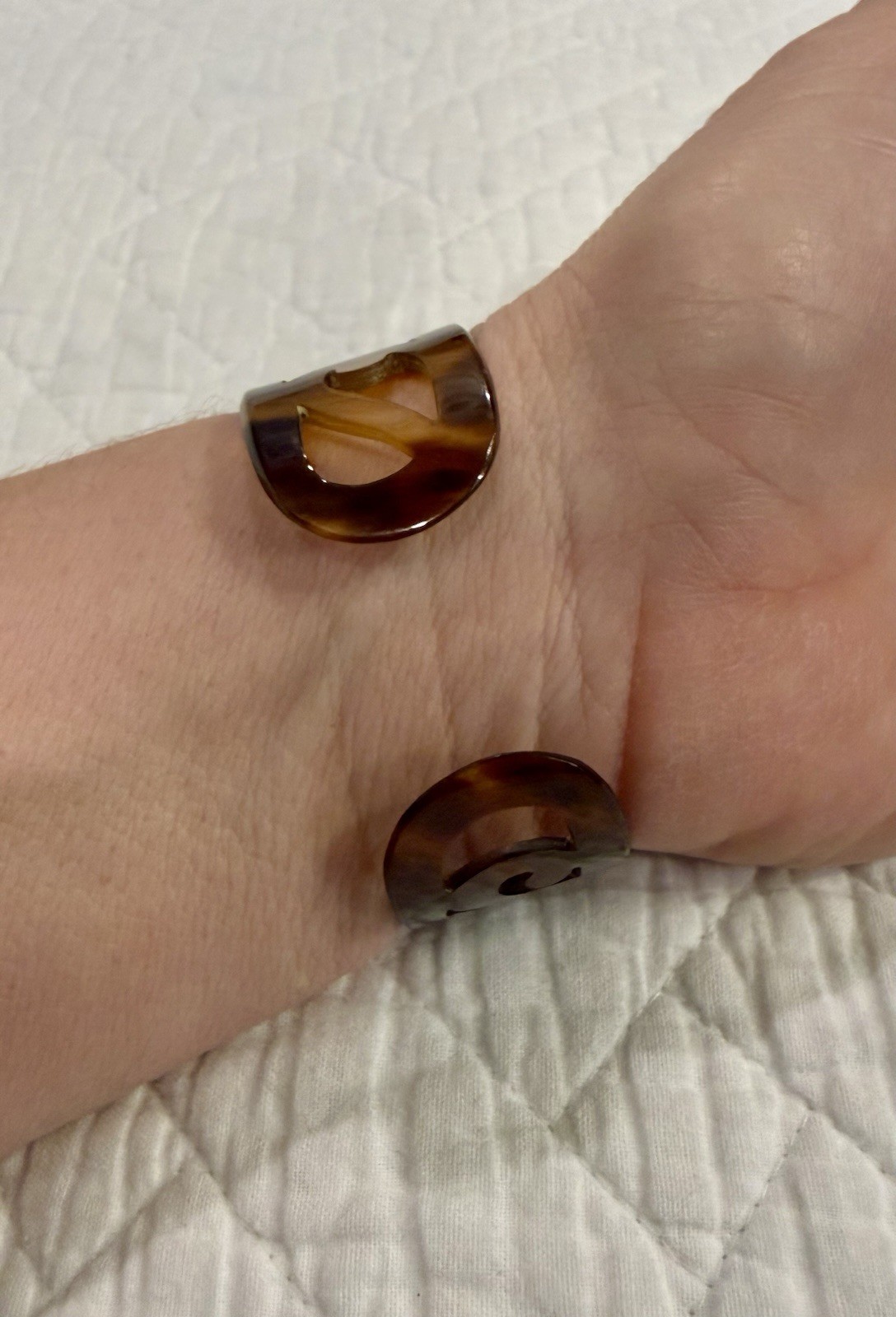 1970’s Faux Brown Shell Cuff Bracelet Carved Design 7.25” Whimsical Boho Cuff