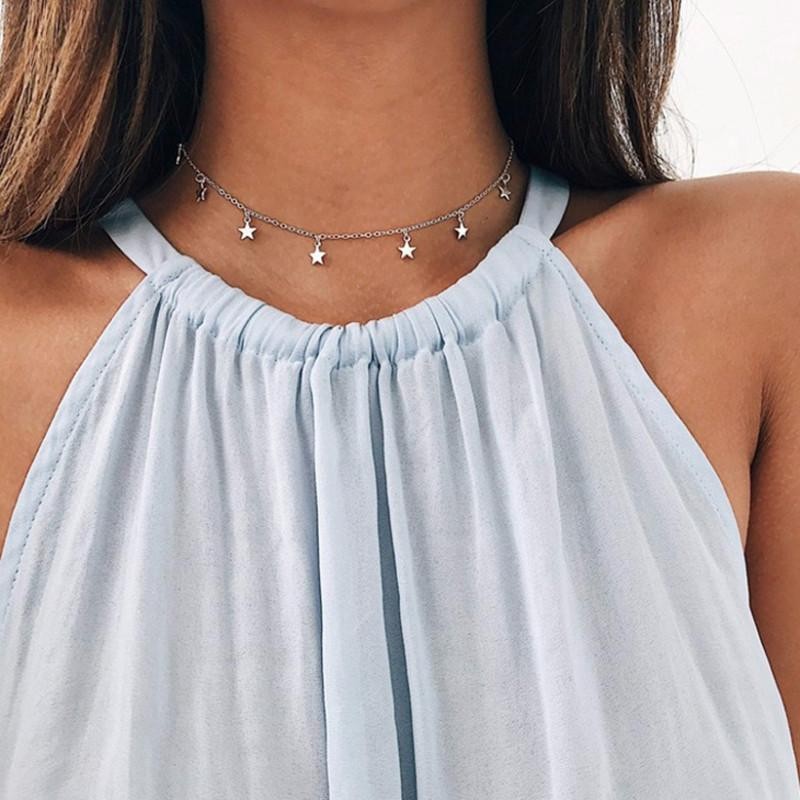 Star Charm Choker Necklace Clavicle Chain Silver Metal Collar Jewelry Gift