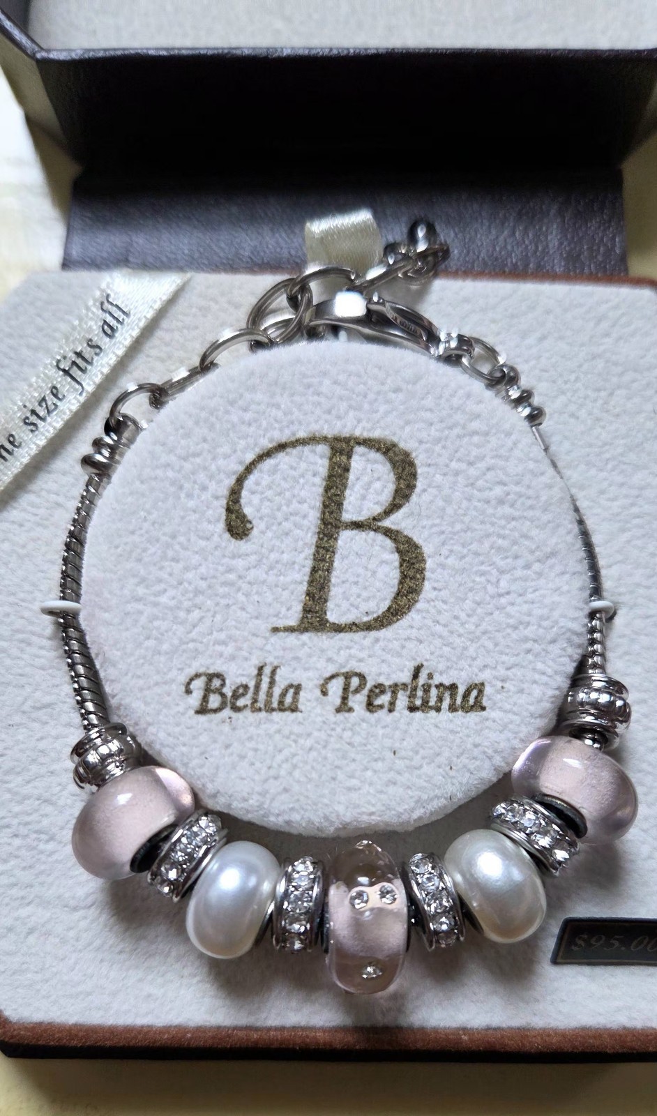 Bella Perlina Charm Bracelet Pink Crystals Pearls Adjustable Silver