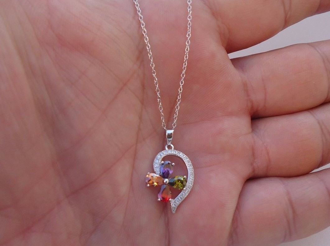 MULTI-COLOR NECKLACE PENDANT STERLING SILVER 2.75 CT SIMULATED DIAMOND/AMETHYST