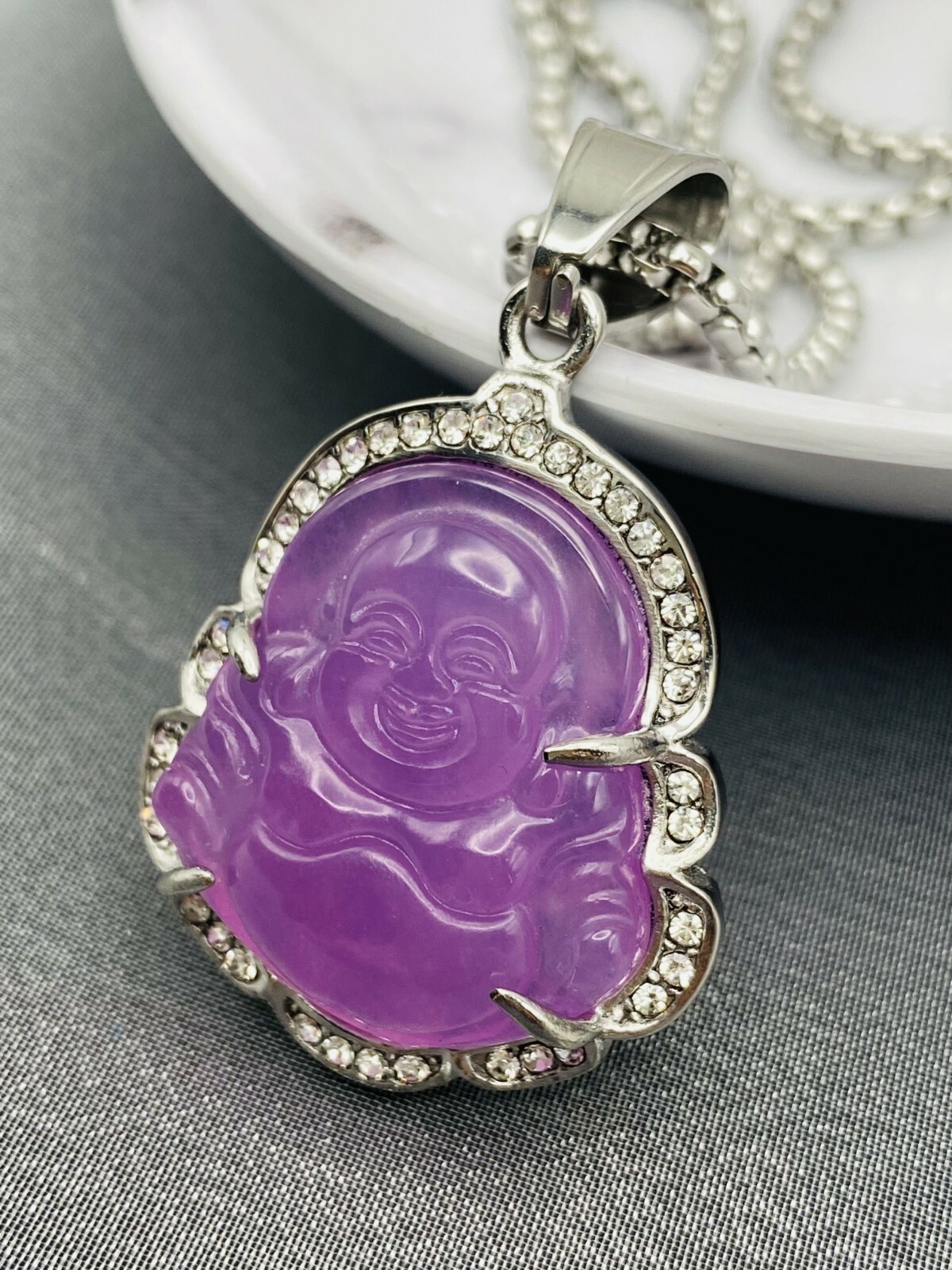 Jade Buddha Pendant Necklace 18K White Gold Plated Crystal Charm Hip Hop Chain