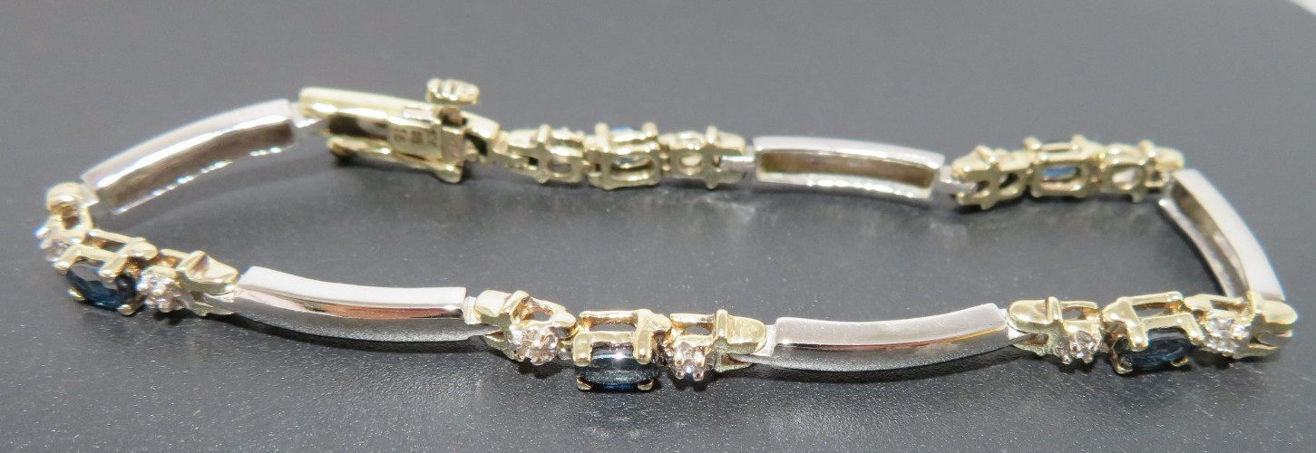 10K 2TONE LADIES BLUE SAPPHIRE & DIAMOND TENNIS BRACELET 8″ LONG 9.82g(A22062-3)