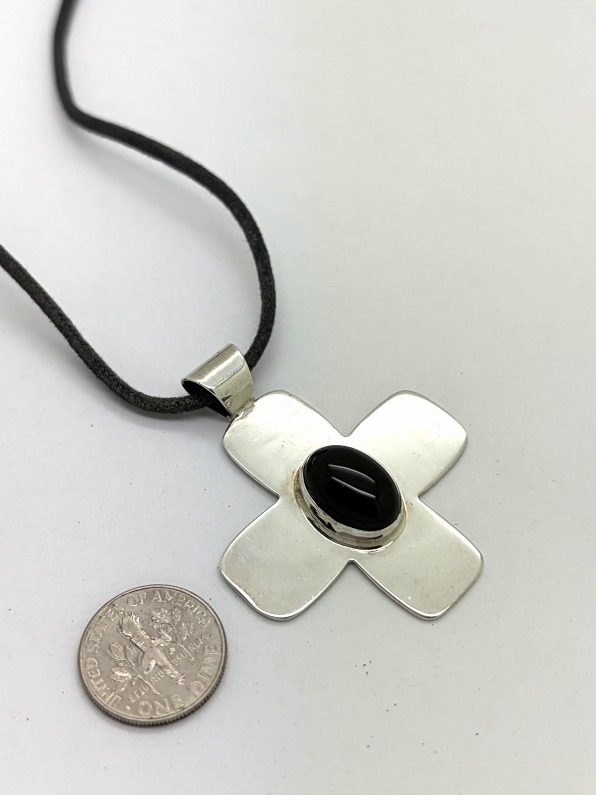 AM Sterling Silver Santa FE 1.5” Cross Pendant Adjustable Blk. Cord Necklace