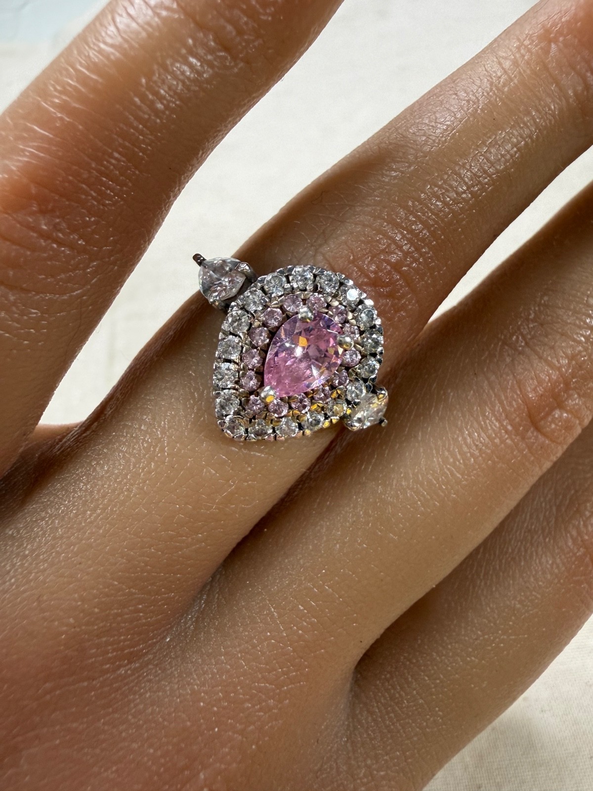 14K White Gold Pink Pear Cut Lab Created Stones Halo Ring Size 5 Statement