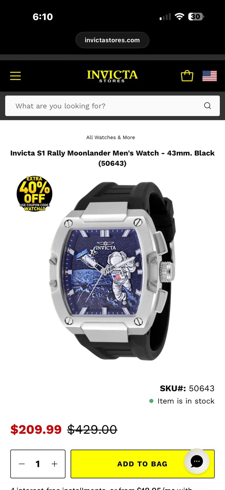 NEW! Invicta 50643 S1 Rally Moonlander Artemis ll USA Men’s Watch 43mm