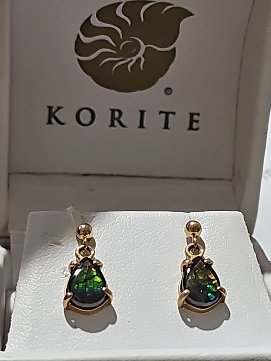Stunning Korite Ammolite Earrings set in 14k Solid Yellow Gold