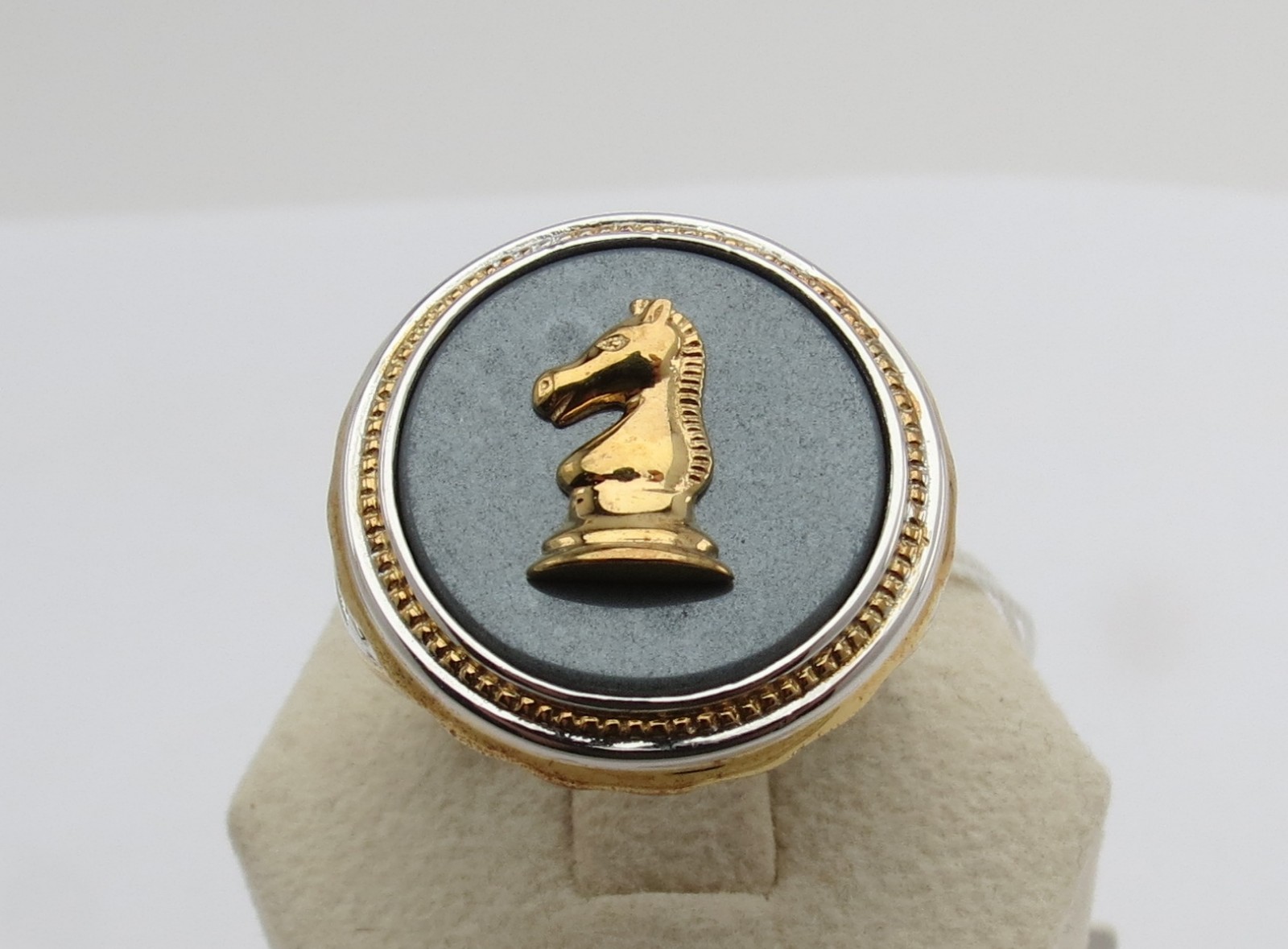 Michael Valitutti Chess Knight Hematite Sterling Silver Palladium 18K Men’s Ring