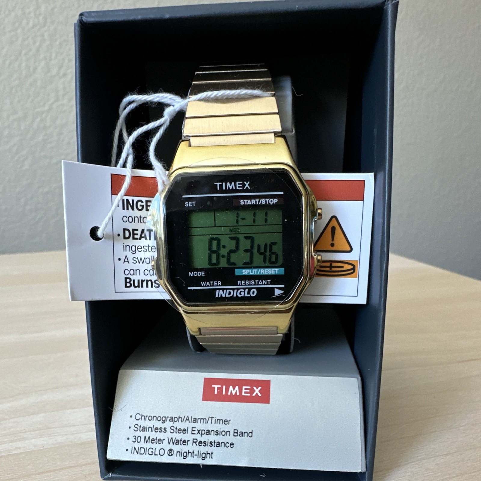 Timex Timecenter Indiglo Quartz Digital Gold Tone SS Band 30m w/ Box