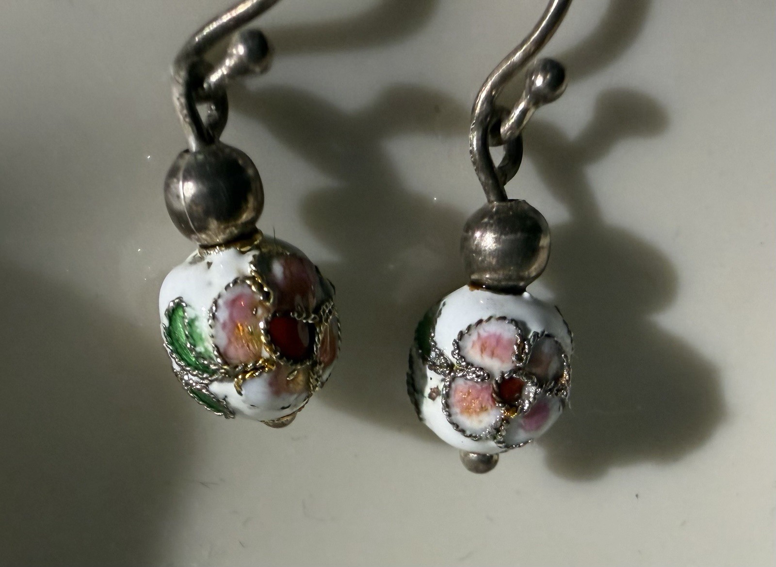 Dainty Vintage Cloisonné Bead Earrings Dangle, Pierced Ears, Classic Jewelry