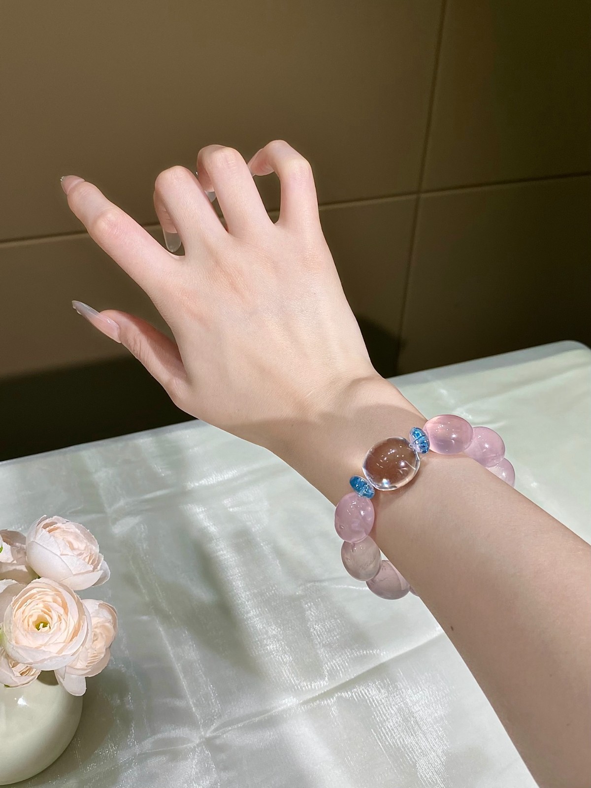 LUSA FEELA Natural Pink Crystal Topaz Beaded Stretch Bracelet Gift Box