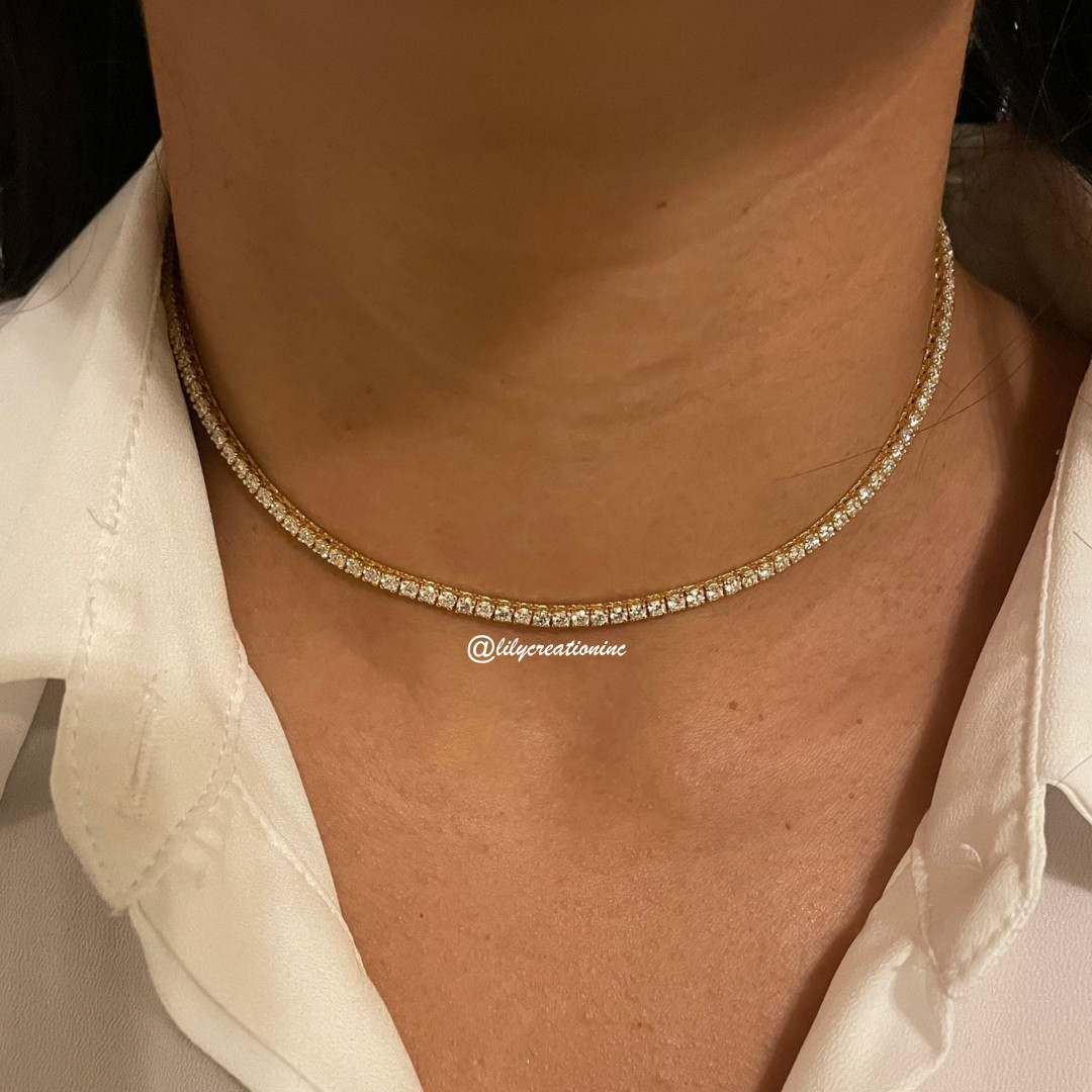 6.50 Ct Round Natural Diamond Choker Tennis Necklace 16 Inch 14K Gold