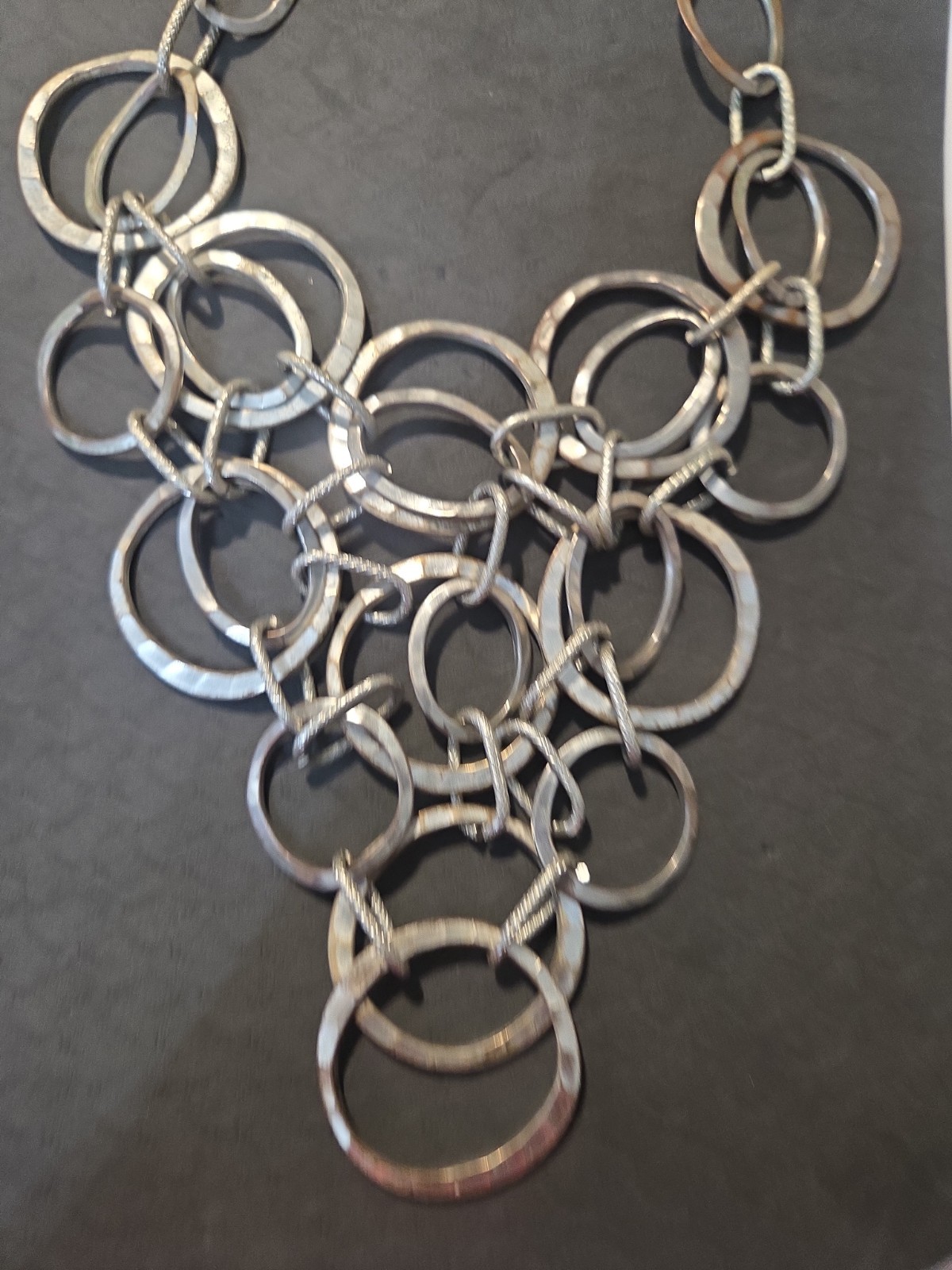 CHICO Silver Tone Statement Link Necklace Heavy Modern Mixed Ring Design 157g