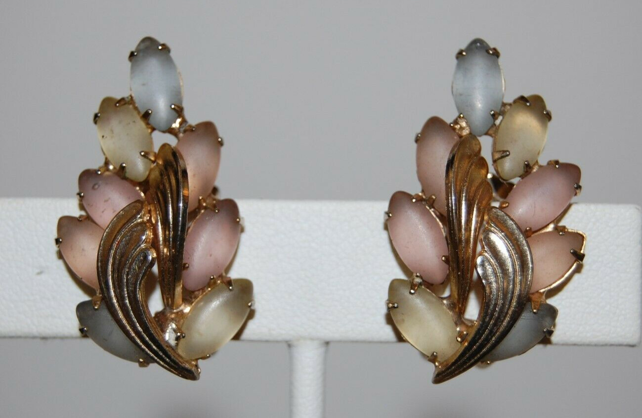 ELEGANT VTG MCM MULTI COLORED PASTEL FROSTED CRYSTALS EAR CLIMBERS CLIP EARRINGS