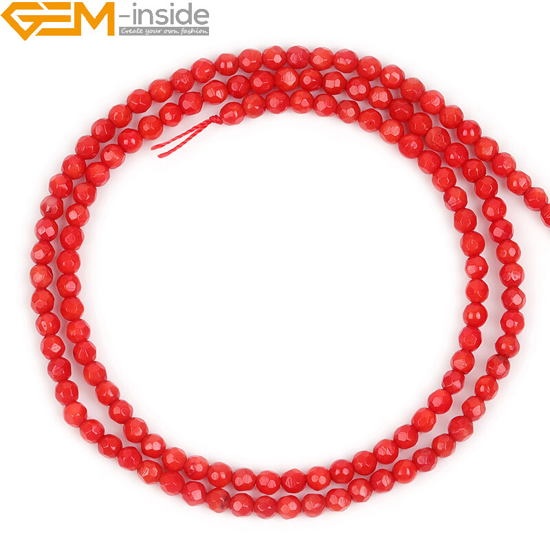 Faceted Red Coral Beads 15″ – Dyed Round Loose Gemstone Jewelry Making Strand”