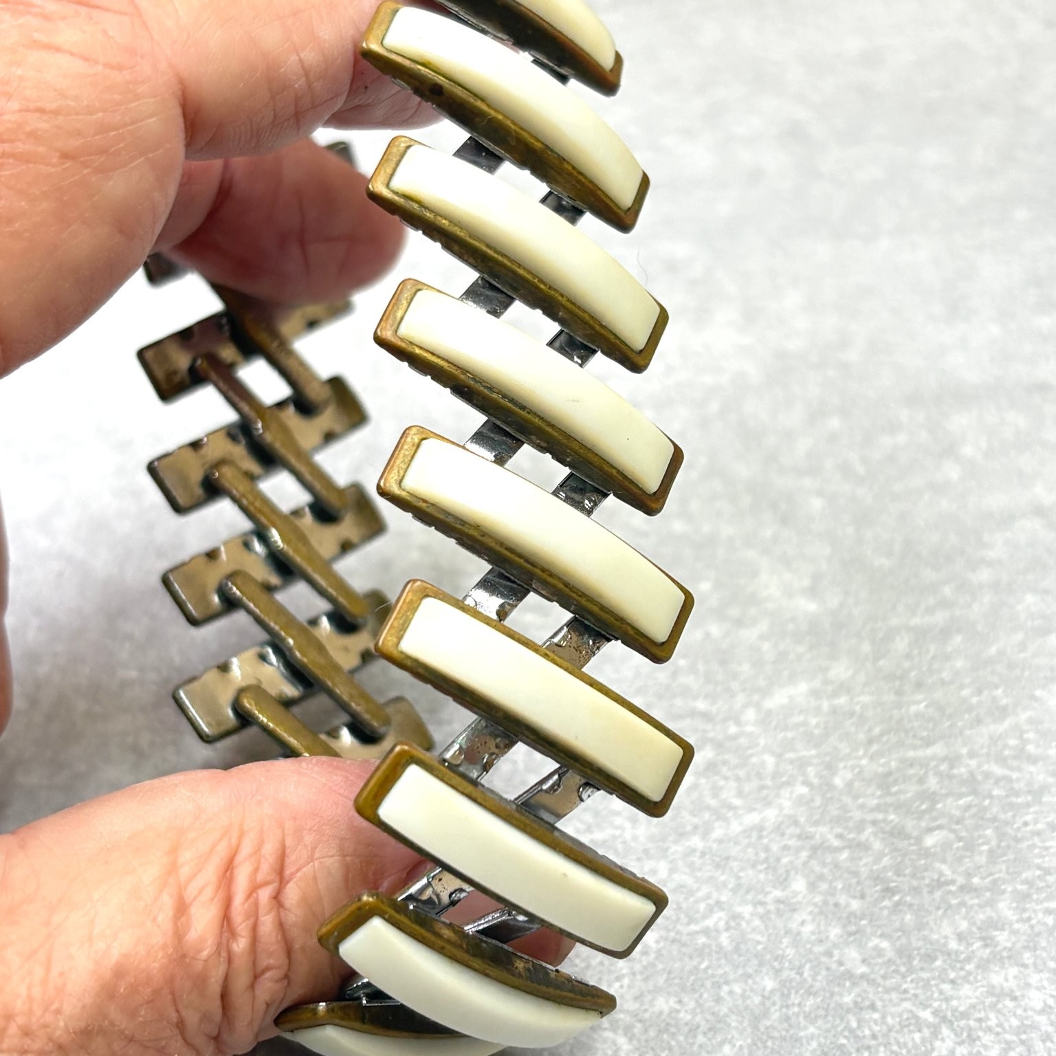 Stretch Panel Bracelet Cream Resin Bronze Tone Geometric Flexible