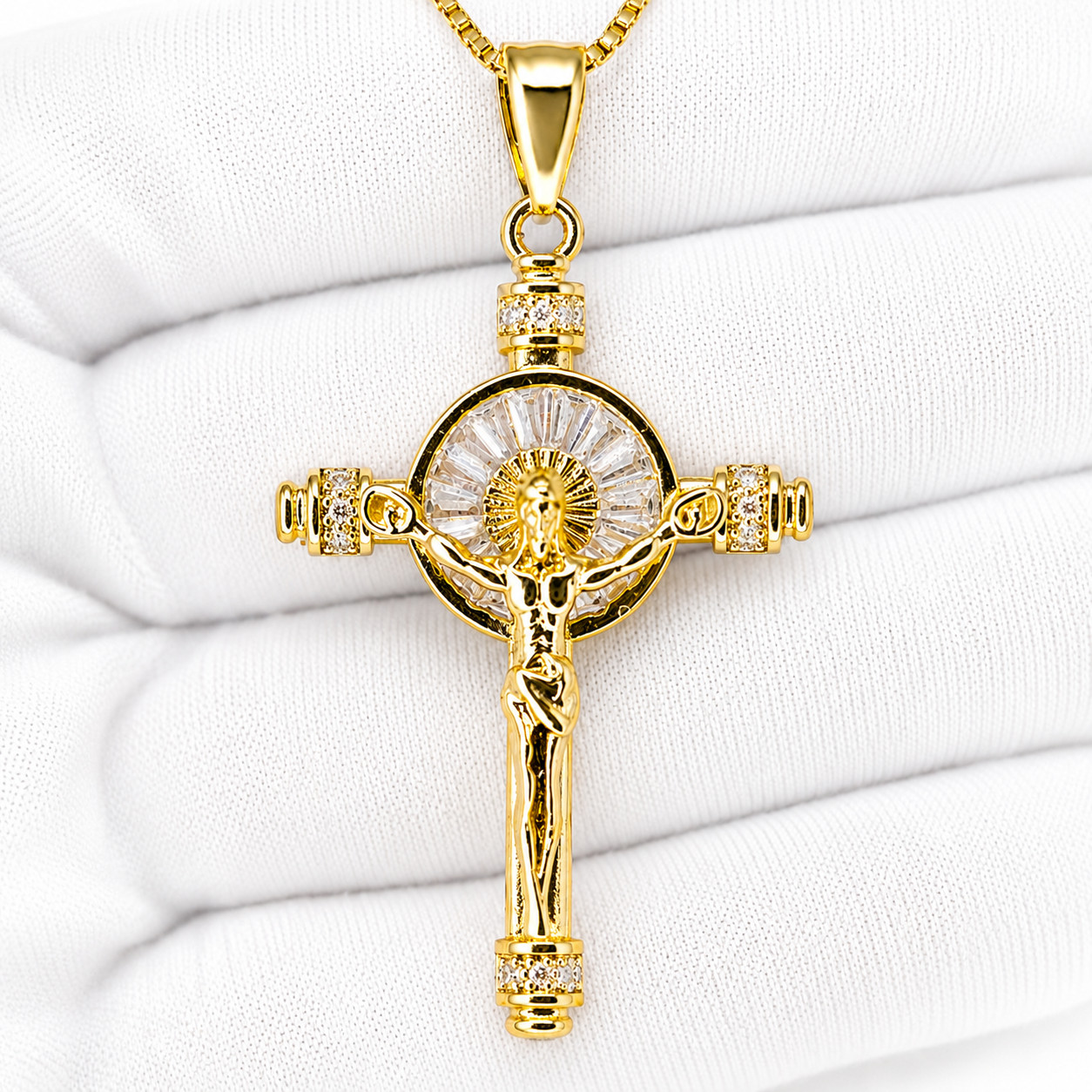 Italian 1/200 Iced CZ Baguette 14k Yellow Gold Oro Jesus Cross Crucifix Pendant