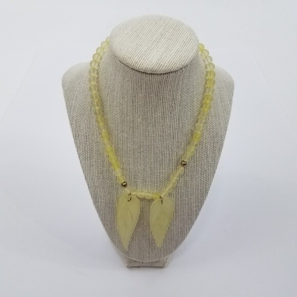 Necklace leaf green beaded transparent gold tone see through statement