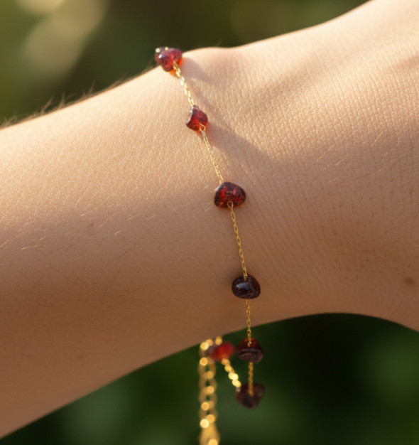 Boho Gold Color Chain Bracelet with Ruby Red Garnet Stone Bead Charms | Delicate