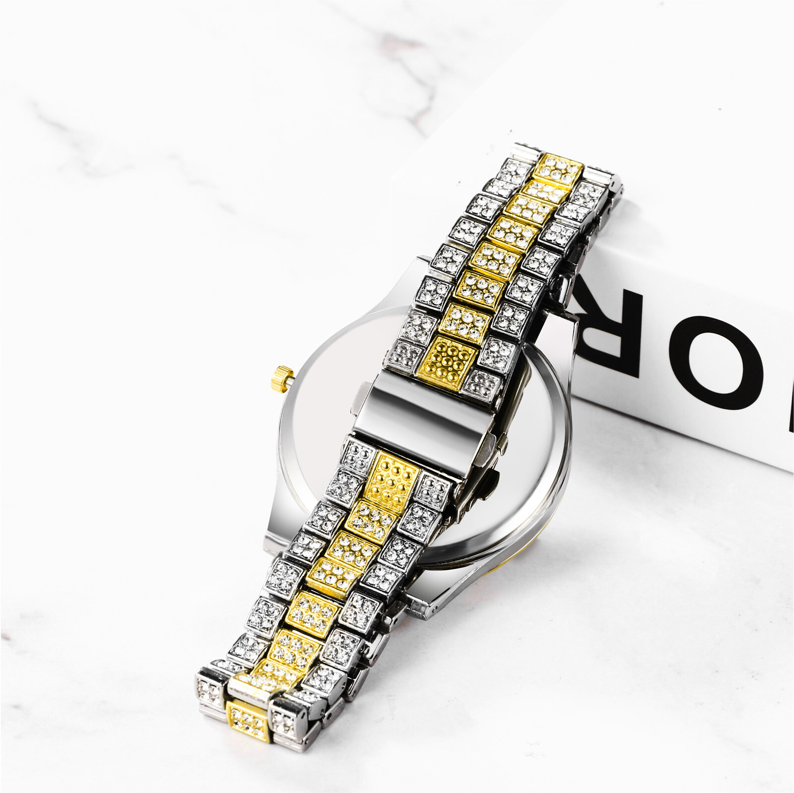Hip Hop Men CZ Iced Round Stainless Steel Date Quartz Wrist Watch Cuban Bracelet