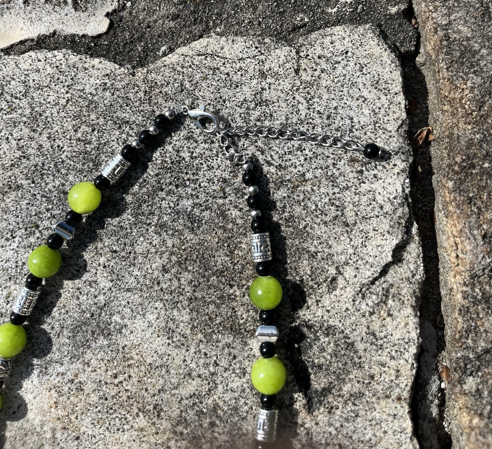 Genuine Lime Green Jade, Black Glass, Silver Accent Drop Necklace Handcrafted
