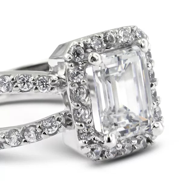 Side Stone Engagement Ring Platinum Halo 3.51 CT Emerald Lab-Grown Diamond F SI1