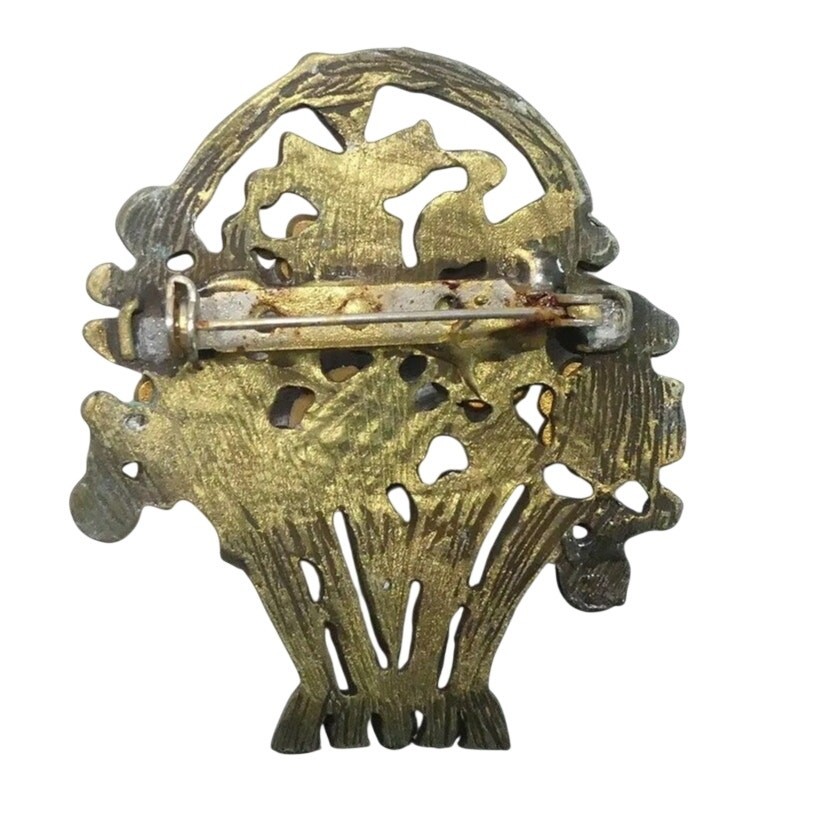 Vintage Mid Century Flower Basket Brooch with Cobalt, Aurora Borealis Rhinestone