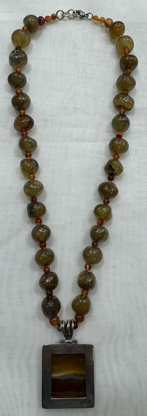 Handmade + Knotting Unique 18” Necklace with 925 Sterling Silver Agate Pendant
