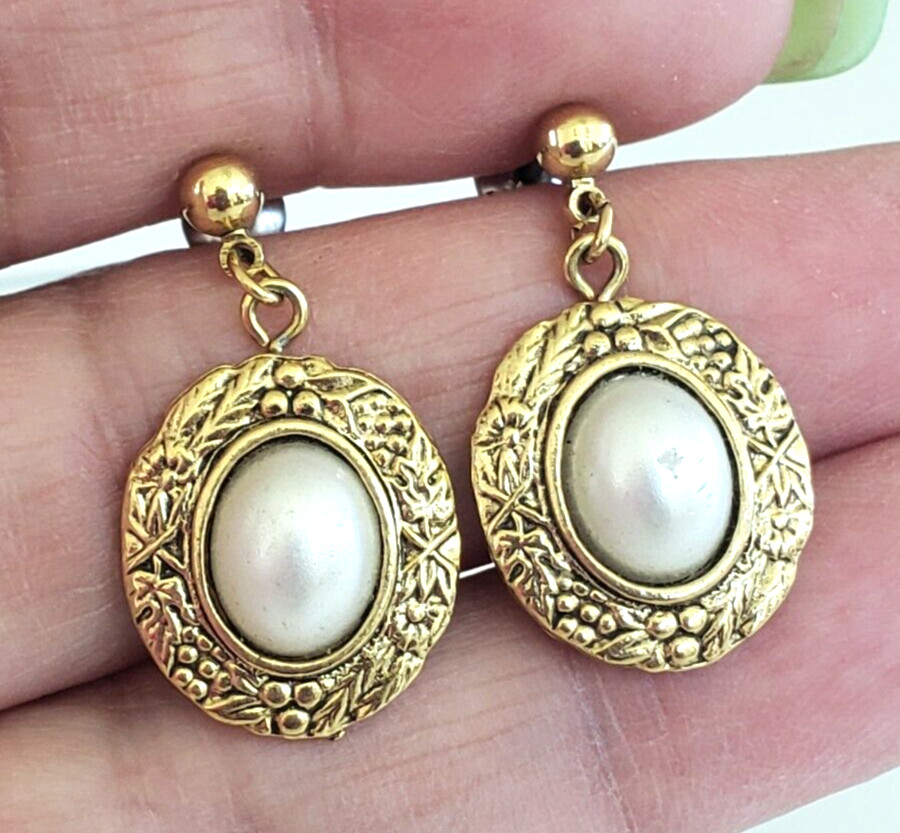 Vintage Victorian Rev Faux Pearl Gold Tone Small Dangle Pierced Earrings 1-1/8″