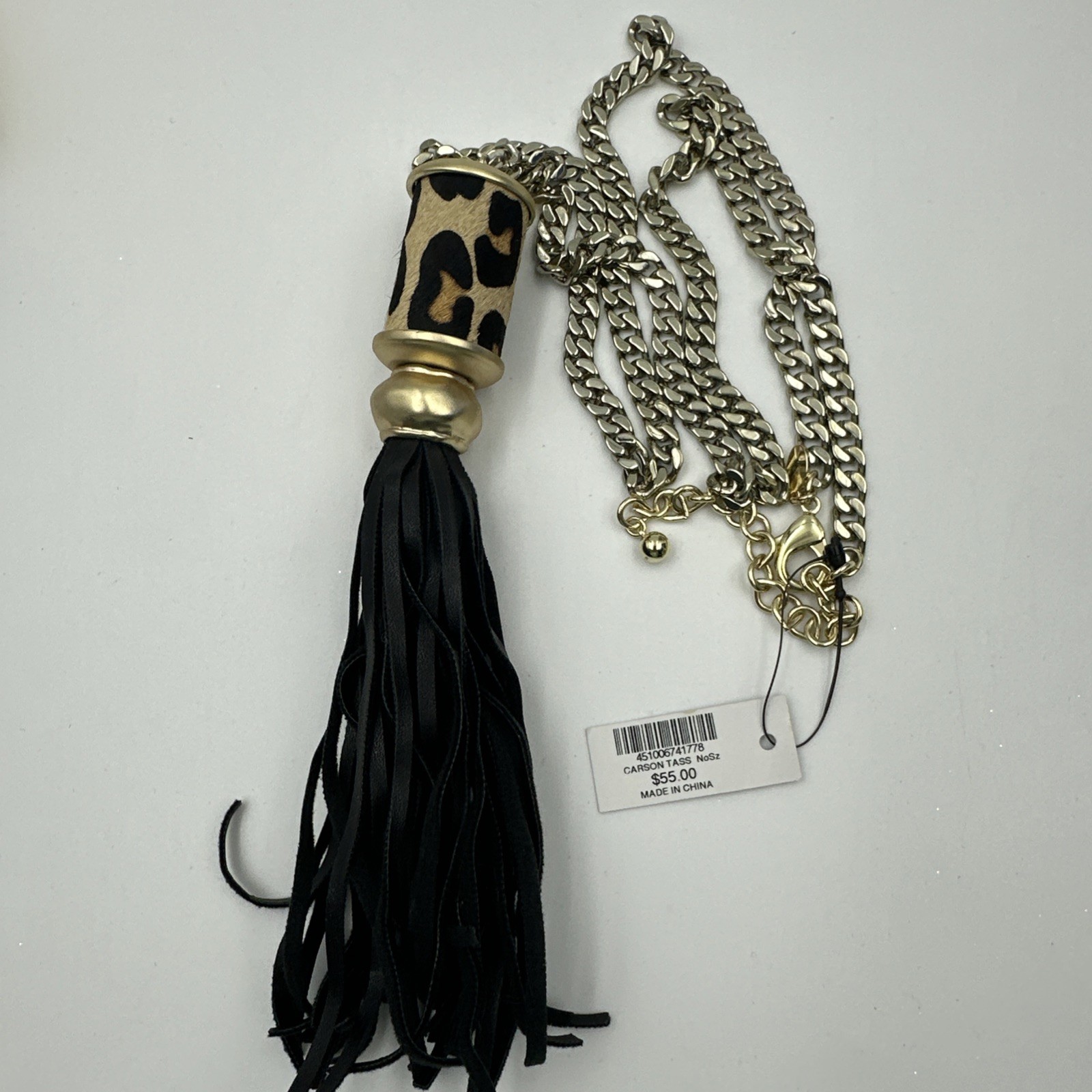 Chico’s Carson Tass Necklace Earrings Set Leopard Tassel Women’s Gold Tone Black