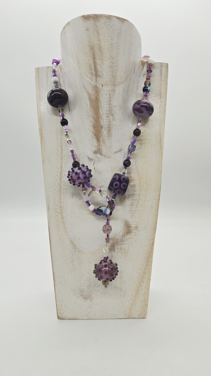 Purple Glass Necklace Bold Art Chunky Bead Statement Shades of Purple 21 in