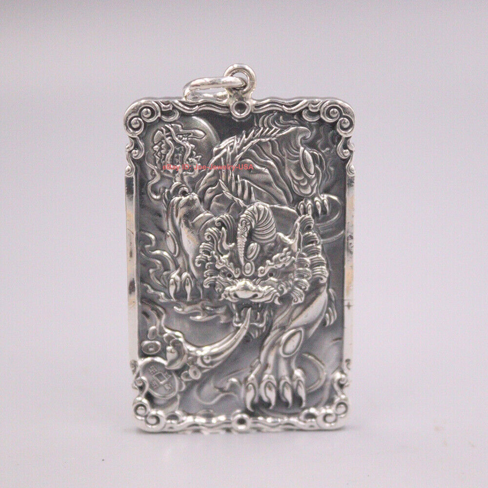 Genuine S999 Fine Silver Pendant Pixiu with Talisman Word 2.16inch 足银999