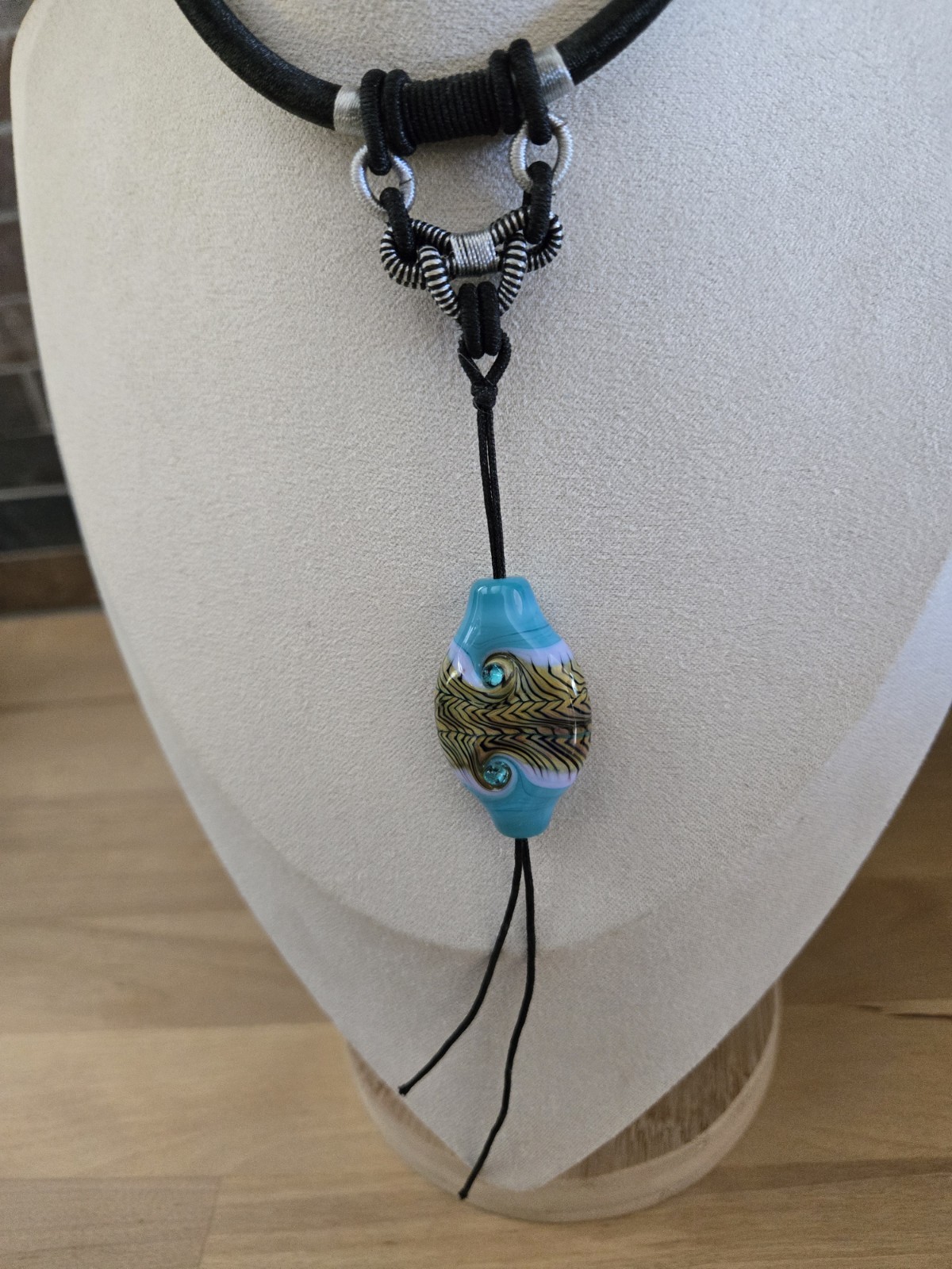 Art Glass Bead Necklace On Silver Wrapped Black Cord Boho Unique