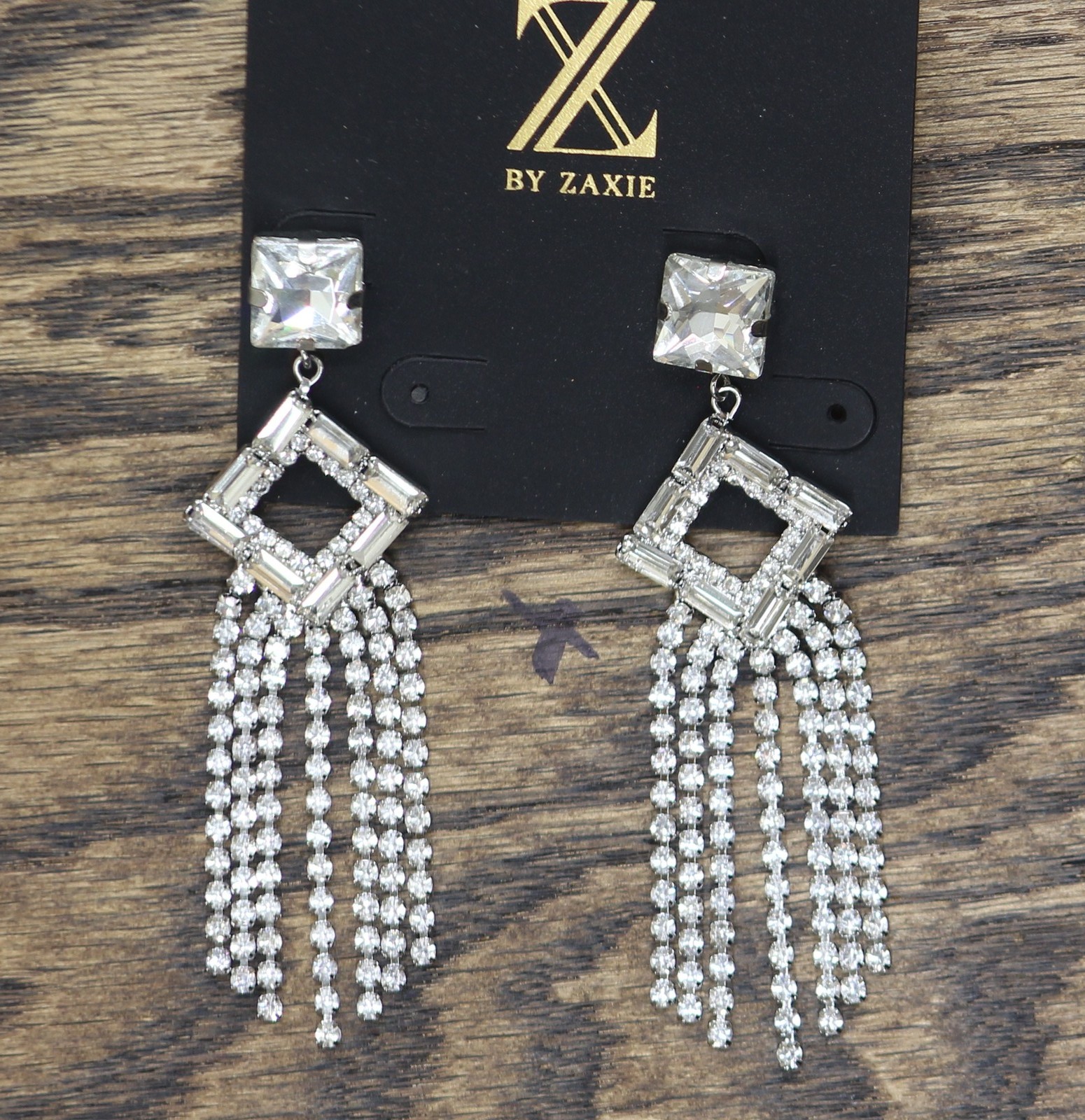 Z by Zaxie Fringe Diamond Frame Post Earrings Silver Gray / Clear 3.5″