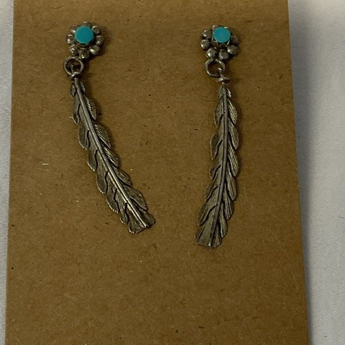 Used Silver Tone Feather Post Dangle With Faux Turquoise Stone Earrings